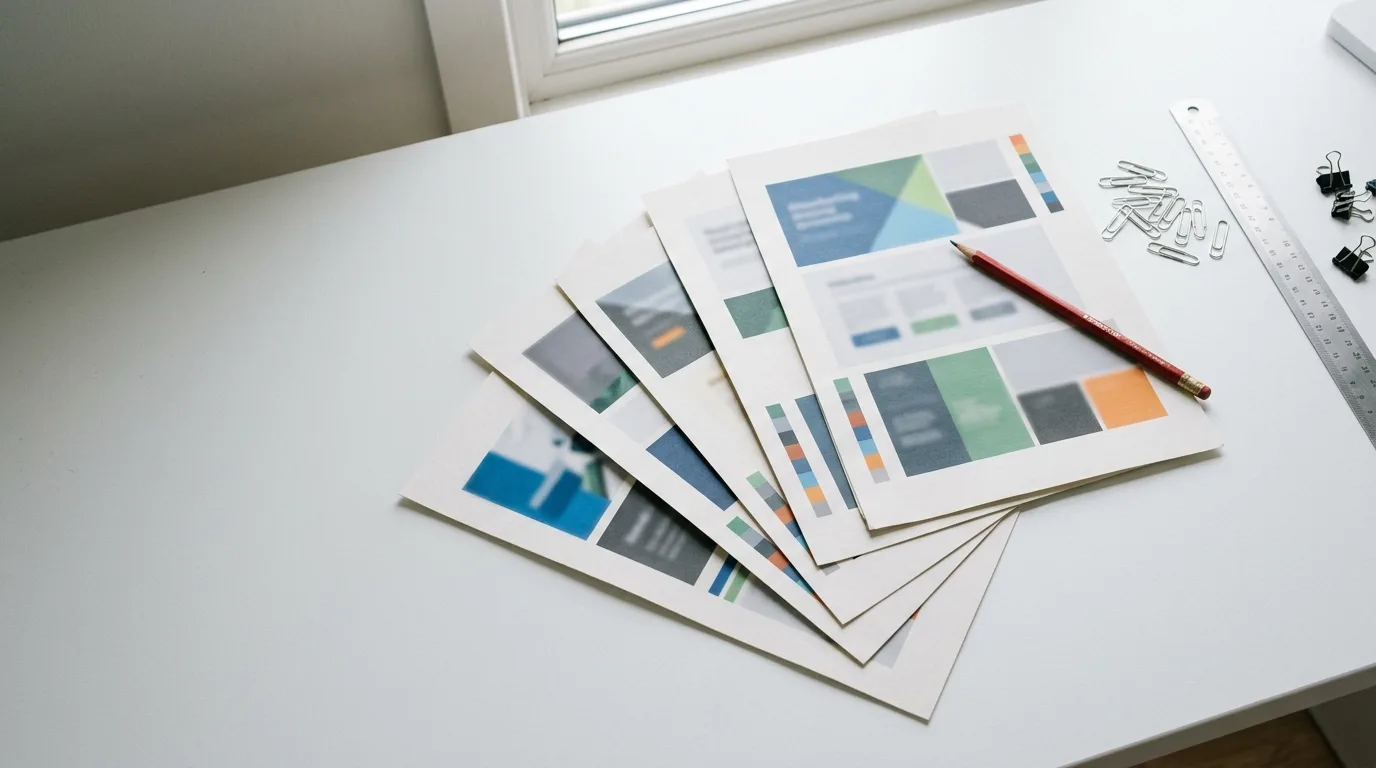 Printed campaign proof sheets fanned across a white studio desk with a red editing pencil resting on top