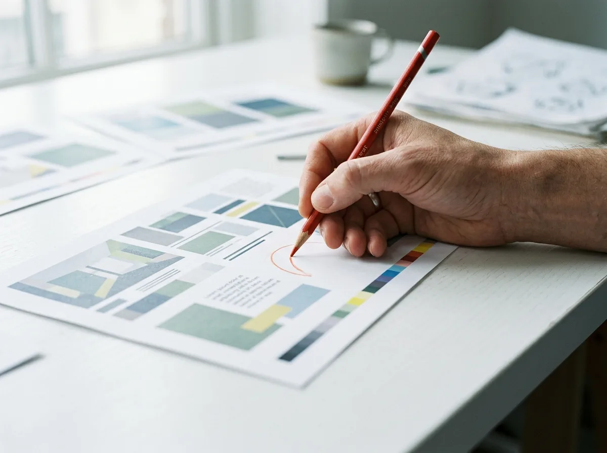 A hand marks up a printed email flow proof with a red pencil