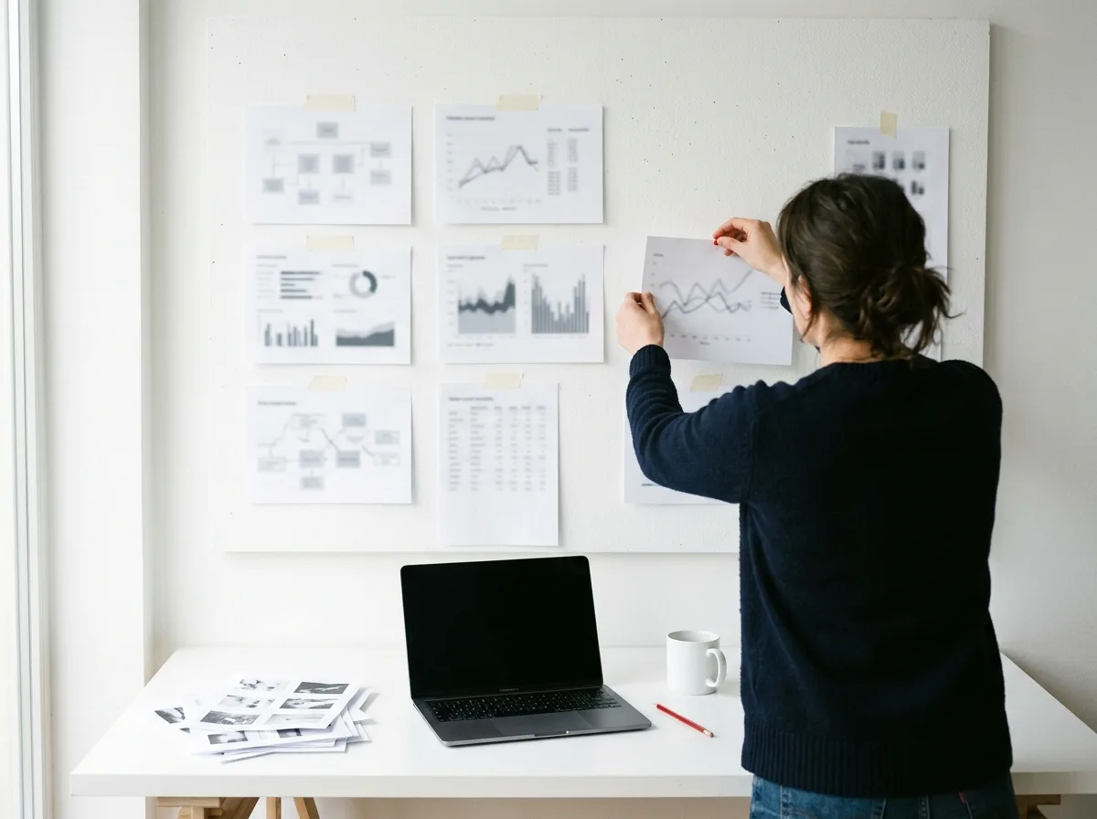 Over-the-shoulder view of printed content-cluster charts being pinned to a white wall board above a studio desk